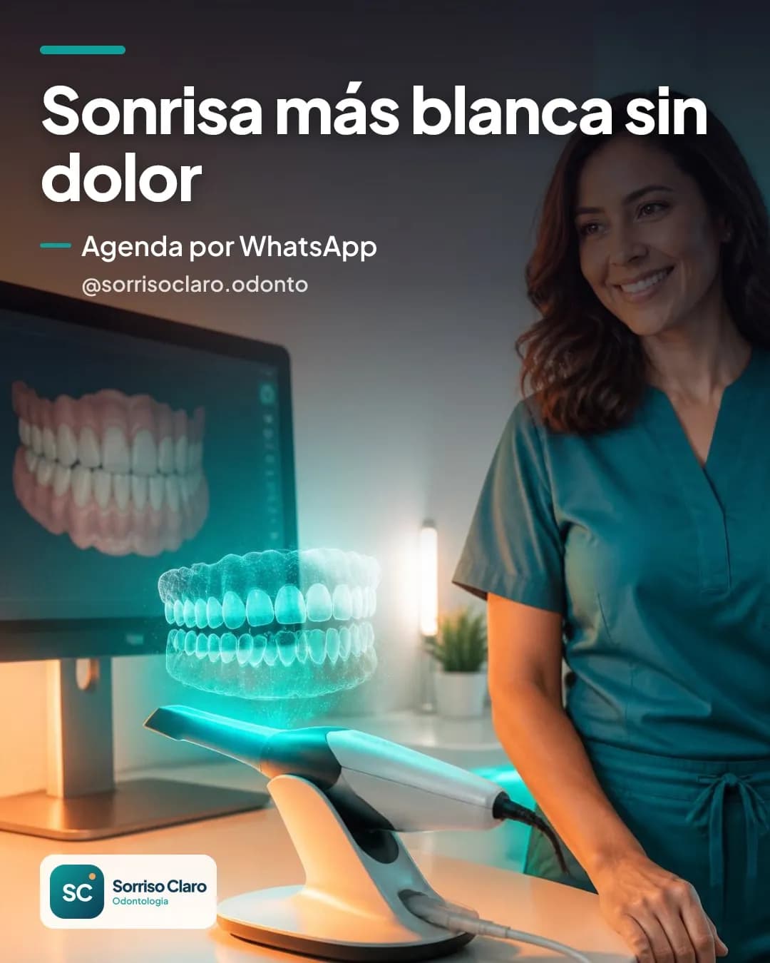 Diseño de Instagram creado por Postaro para @sorrisoclaro.odonto: Sonrisa más blanca sin dolor