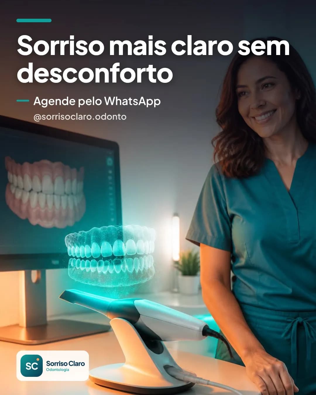 Arte de Instagram criada pelo Postaro para @sorrisoclaro.odonto: Sorriso mais claro sem desconforto